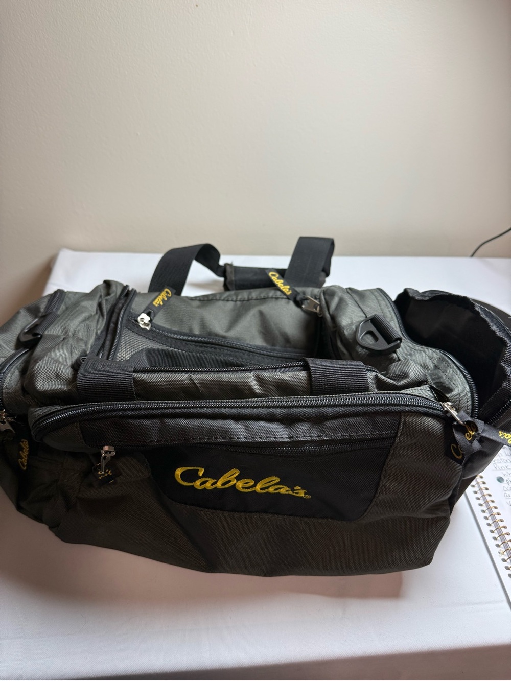 Cabela's Olive Green and Black Duffel Bag with Yellow Logo
